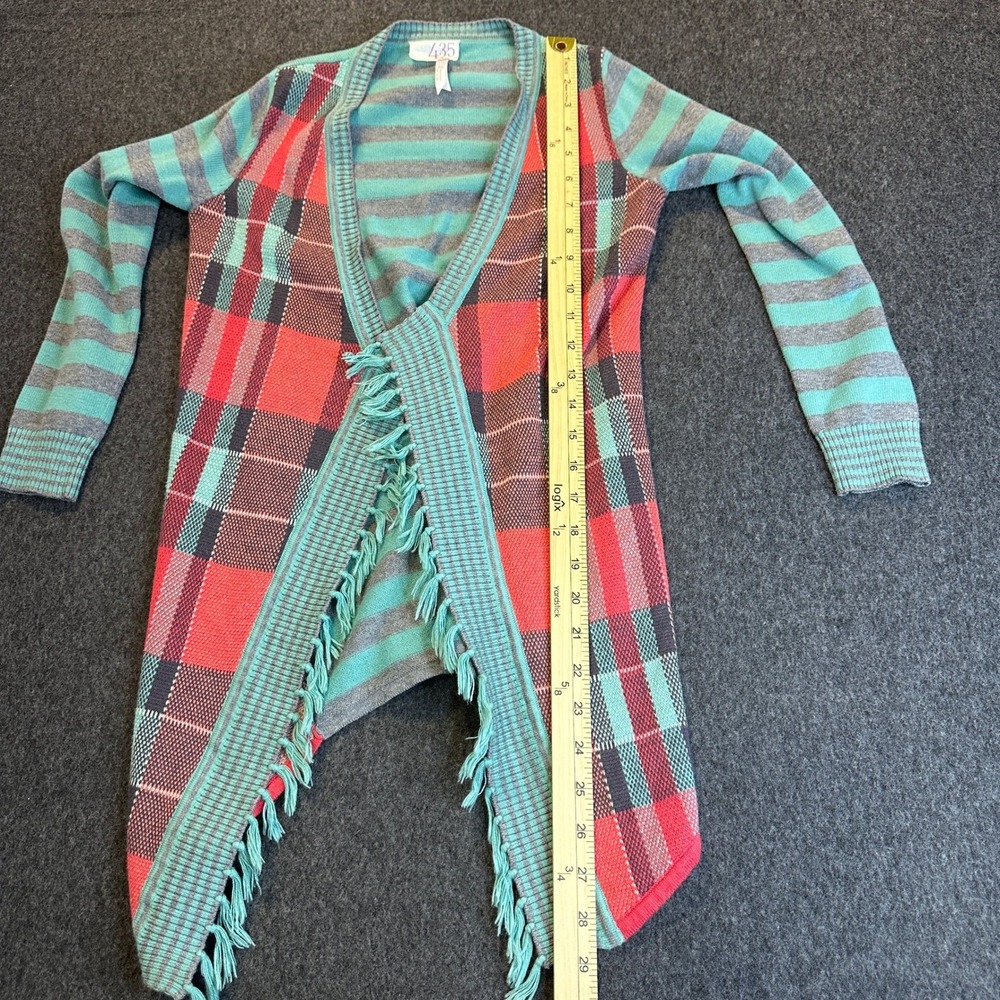 Matilda Jane Steadfast Open Front Cardigan Plaid Striped Fringe Teal Girls Sz 8 - Picture 6 of 16